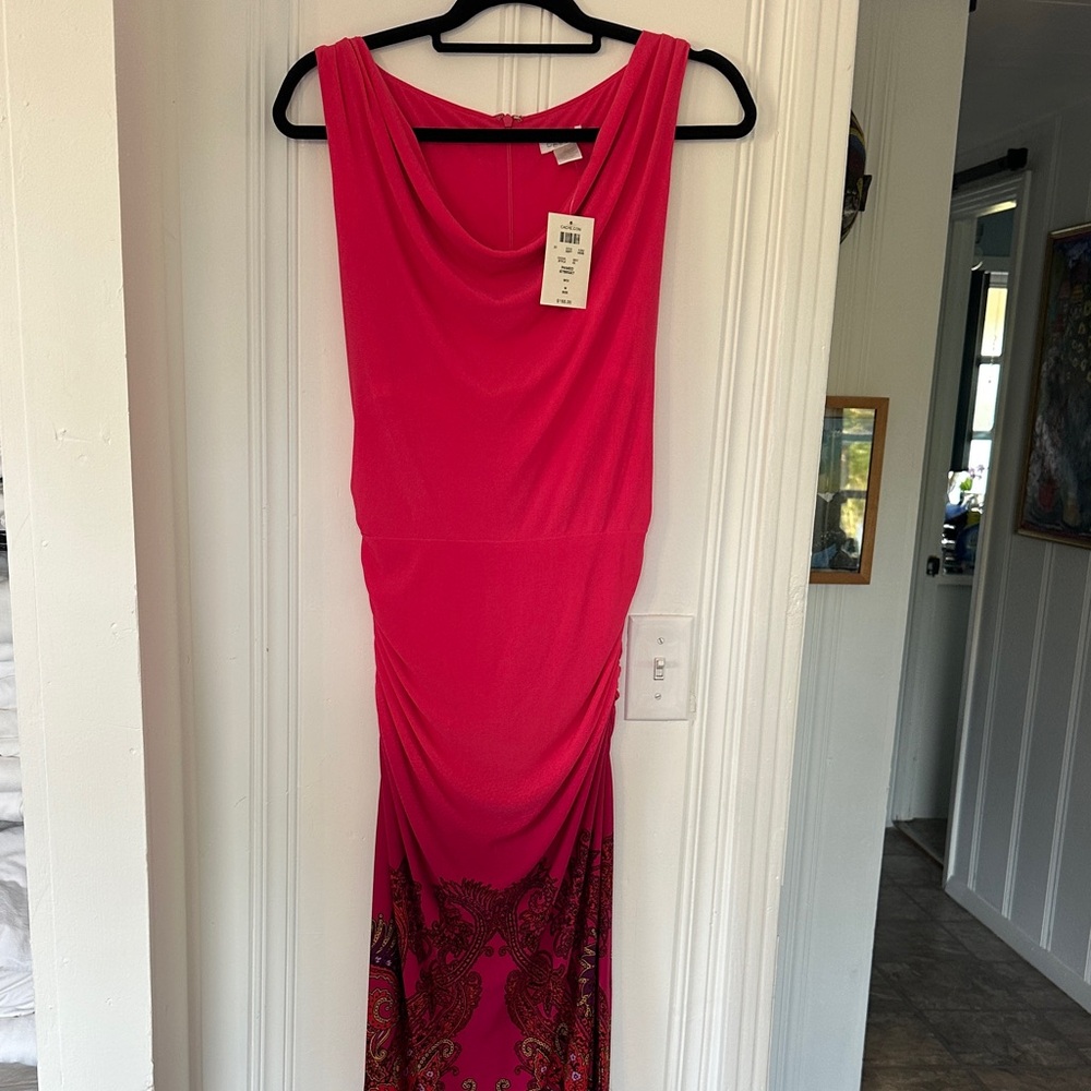 Cache Fuchsia Sleeveless Draped-Neck Maxi Dress with Printed Hem